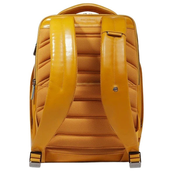 Piquadro unisex 15.6-inch laptop backpack featuring durable black fabric with padded compartments and sleek design.