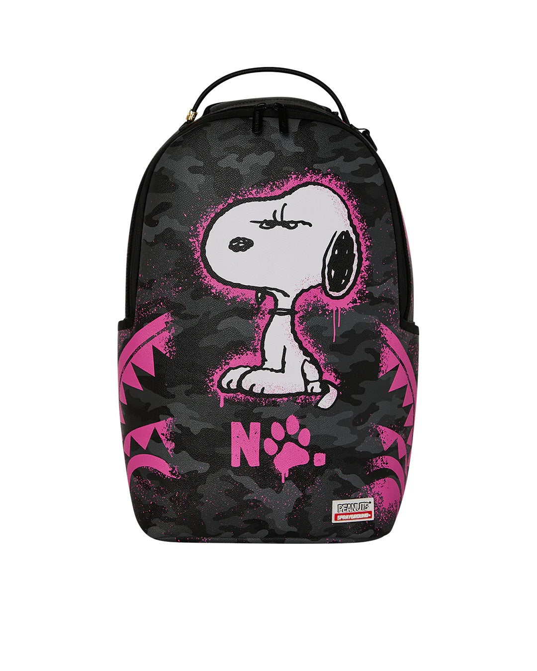 Pink Snoopy Peanuts stencil backpack by Sprayground, unisex accessory with cartoon character design, ideal for school or casual use.