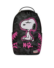 Pink Snoopy Peanuts stencil backpack by Sprayground, unisex accessory with cartoon character design, ideal for school or casual use.