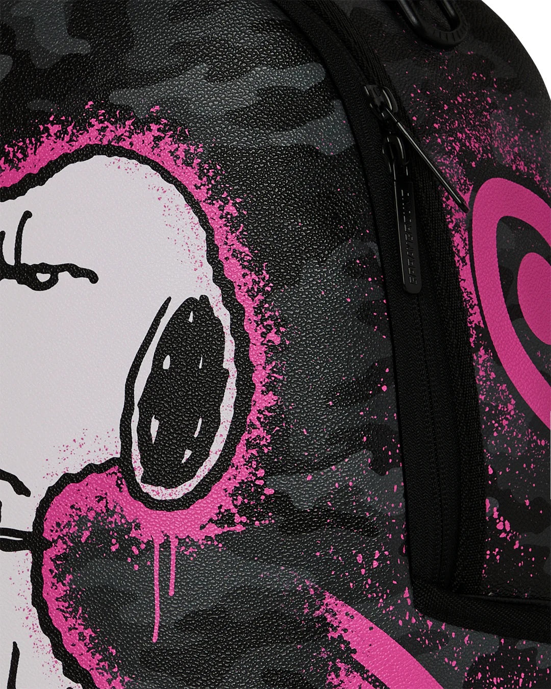Pink Peanuts Snoopy stencil backpack by Sprayground, unisex accessory with a stylish zipper closure and graphic design.